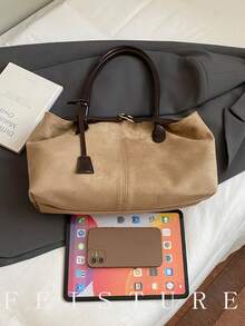 1pc Faux Suede Fashion Color Block Handbag, Strap Decor Shoulder Bag, Magnetic Closure, Suitable For Daily Outing, Dating, Commuting - Khaki - View 7