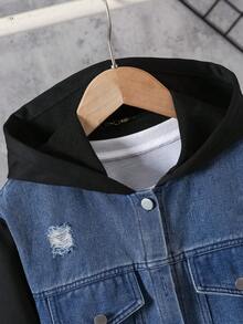 Tween Boys Casual Outdoor Denim Patchwork Jacket, Versatile For Everyday Wear, Autumn/Winter - Black - View 4