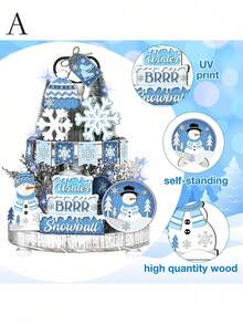 Conjunto de 14 peças de decoração de bandeja em camadas para inverno, conjunto de decorações de bandeja em camadas com boneco de neve, floco de neve, placas de madeira rústicas azuis, peças centrais de mesa para festa de inverno, decoração de centro de mesa para festa de Natal, decoração de casa de Natal - Multicolorido - Ver 2