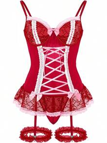 Sheer Mesh Corset Lace-Up Garter Belt Babydoll Lingerie Set - Wine Red Pink - View 11