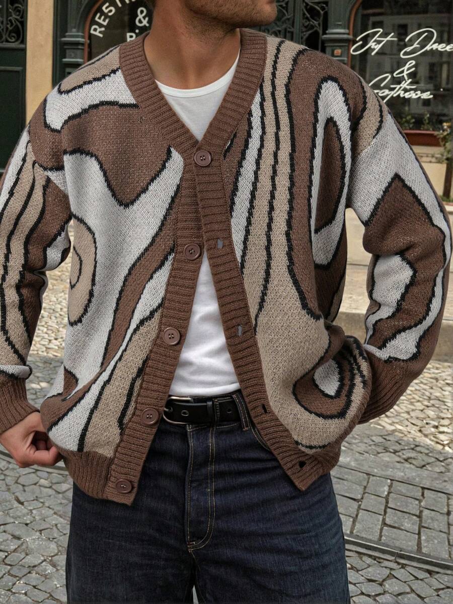 Áo len cardigan dáng rộng thoải mái cho nam, họa tiết Jacquard màu trừu tượng, phong cách đường phố, tay dài, thu/đông - màu nâu - Xem 1