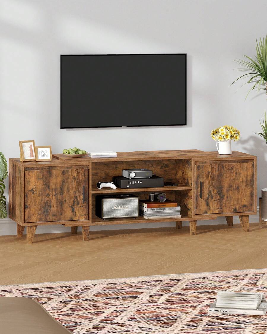 HEXCELEN Meuble TV, pour Télévisions 60 Pouces, Banc TV avec 2 Armoires et 2 Ouverts, Support Télé avec Étagères Réglables, 40 x 140 x 51,5 cm, pour Salon, Chambre à Coucher, Marron Rustique - Acajou - Voir 1