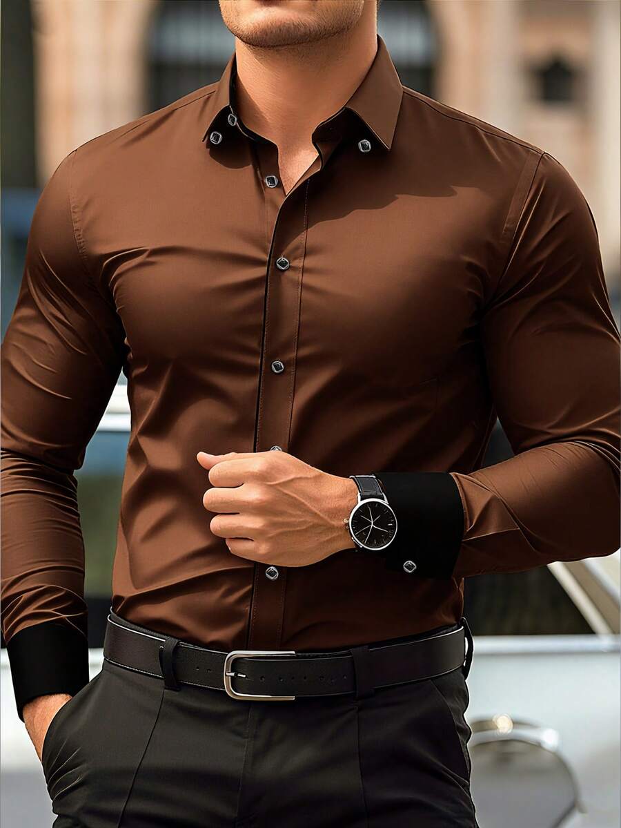 Áo sơ mi nam dài tay viền tương phản, họa tiết vá màu nâu phối đen - màu nâu - Xem 1