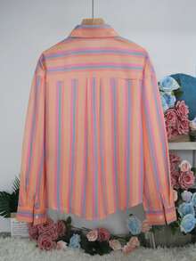 优雅女士商务休闲女装，彩虹条纹印花修身女式衬衫