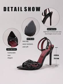 Giày sandal cao gót màu đen phối ren, kiểu dáng thanh lịch, gợi cảm, mũi nhọn, quai ngang mắt cá chân, hở mũi, thích hợp cho trang phục mùa xuân hè. - màu đen - Xem 4
