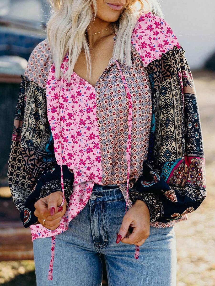 Acelitt Blusa casual de mujer con estampado floral mixto, escote en V, mangas abultadas y hombros descubiertos, estilo bohemio, adecuada para usar de vacaciones en primavera/otoño - Multicolor - Ver 1