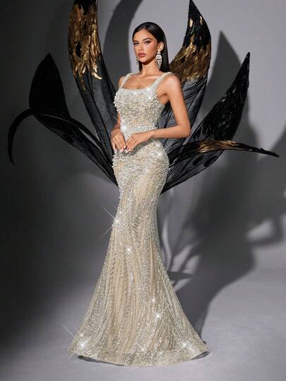 Women's Formal Champagne Pearl Embellished Evening Gown, Suitable For Summer Gala, Wedding Guest, Cocktail Party, Graduation Ceremony