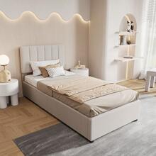 Upholstered Single Bed 90 X 200 Cm, Youth Bed, Bed With Storage Space, Wooden Slatted Base, Headboard With Storage Compartment, Beige Linen Fabric (2 Packs) - Màu be - Xem 5