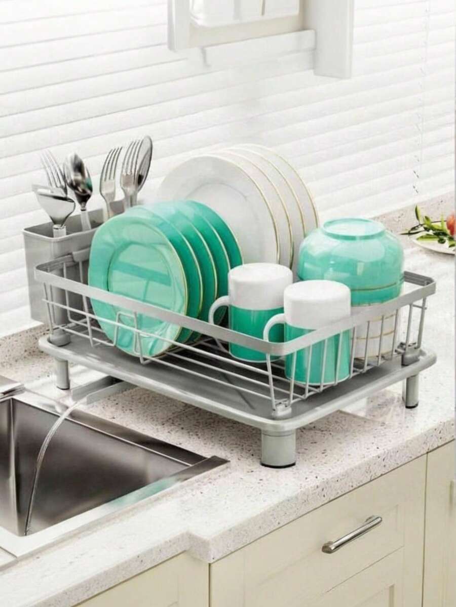 1pc Pink Dish Drying Rack For Kitchen Counter,Rustproof Countertop Dish Drainer With Utensil Holder For Sink,Kitchen Organizer For Dishes, Spoons And Forks