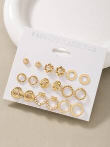 9 对时尚可爱蝴蝶结和仿珍珠金属耳钉套装，适合节日、休闲、度假穿着的多功能礼物 - 金黃色 - 查看 6