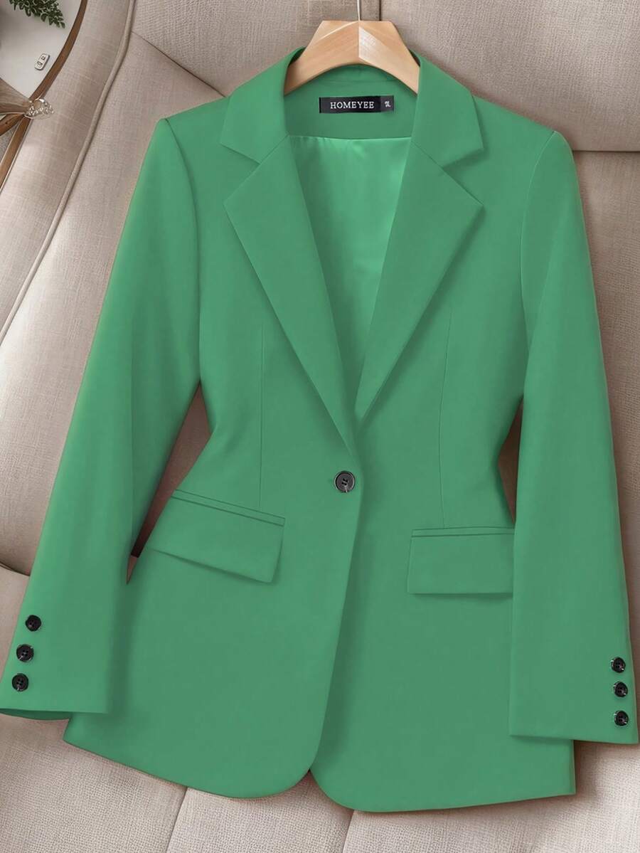 HOMEYEE Áo khoác nữ cổ ve dài tay có túi cổ điển thanh lịch thường ngày đi nghỉ chuyên nghiệp OL cỡ lớn, thích hợp cho mùa xuân, thu, đông - màu xanh lá - Xem 1