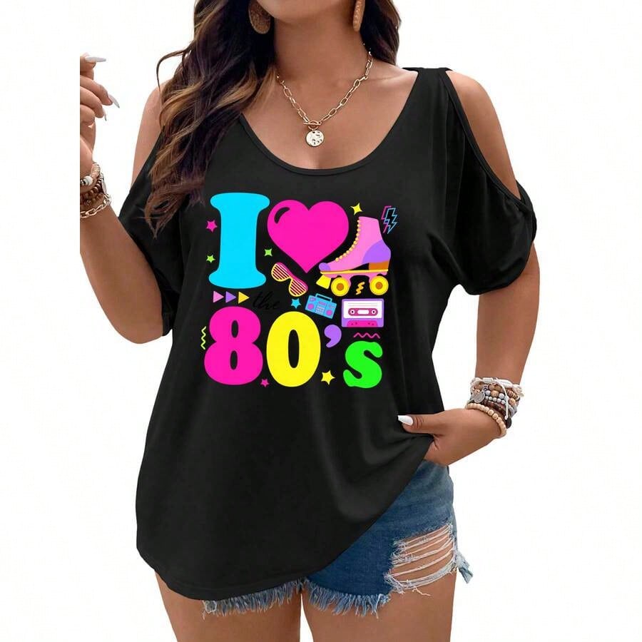 I Love The 80s Roller Skates, Cassette Tape, And Retro Vibes Women Cold Shoulder Tops Summer Short Sleeve Shirt Plus Size