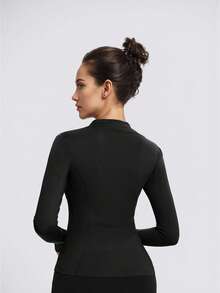 女士秋冬运动夹克，纯色前拉链运动夹克，长袖休闲轻便夹克，女士休闲运动轻便开衫夹克 - 黑色 - 查看 6