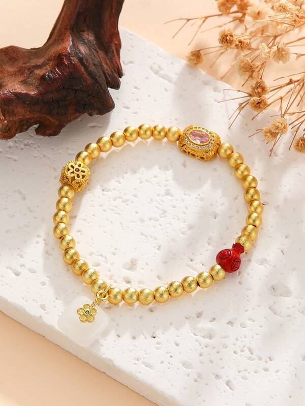 1pc Fashion Gold Color Brass Copper Beads Zirconia And Cat's Eye Cabochon Charm Bracelet Jewelry For Women Girls