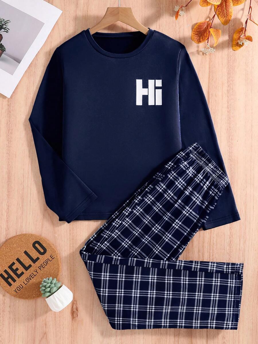 Boys' Fashion Air-Conditioned Room Loungewear Long Sleeve Top And Plaid Pants Set, Anti-Kick And Warm, "Hi" Print Shirt With Black & White Checkered Pants, Comfortable Fabric, Suitable For Spring, Autumn And Summer Wear - Royal Blue - View 1