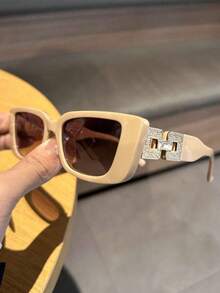 Retro Rectangular Plastic Frame Sunglasses, Classic And Elegant Design, UV Protection, Beach Accessories, To Wear With Sweater, Denim, Sweatpants, Jacket, Dress, Long Sleeve Shirt, Ideal For Family Outings, Beach, Travel And Summer Vacation - 卡其色 - 查看 3
