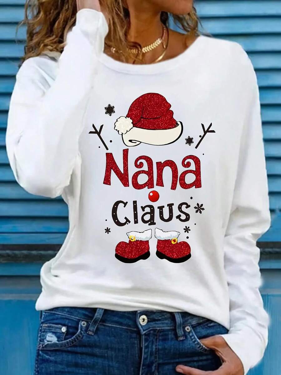 Women's Holiday Christmas T-Shirt, Long Sleeve Round Neck, 100% Polyester, Knitted Fabric, Regular Length, Patch Detail, Casual Style, Autumn Pattern Top 2025 - 白色 - 查看 1