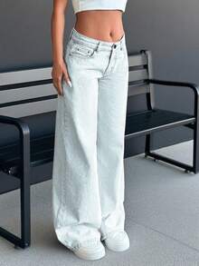 Women's Casual Light Wash Wide Leg Denim Jeans With Button And Zipper Details, Long Non-Stretch Straight Leg Style For Everyday Wear - White - View 5