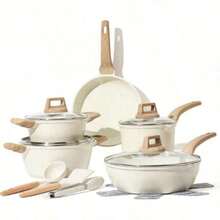 A Set Of Non Stick Cookware - White Granite Surface, Suitable For Induction Cookers, Including Frying Pans And Stew Pots, Soup Pots With Lids, Suitable For Home Kitchen Use - Aluminum Granite Coating Non-stick Pan - View 13