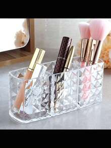 1PC Elegant Clear Acrylic Makeup Organizer With Geometric Design - 3-Compartment Cosmetic Storage Box For Brushes, Eyebrow Pencils & Beauty Essentials, Non-Food Plastic, Makeup Brushes