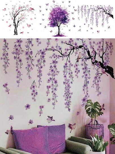 4片/2片墙贴 - [紫色树枝，粉色树枝] PVC自粘可移除墙贴，适用于托儿所、儿童房、游戏室或教室 - 可爱创意墙面装饰，适用于任何空间