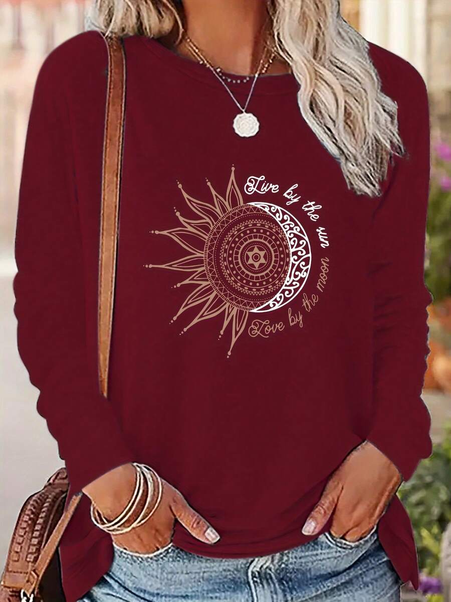 Sun And Moon Printed Women's Long Sleeve T-Shirt 2025 - Crimson-A - Xem 1