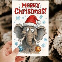 1pc Funny Elephant Christmas Card With Santa Hat - Perfect Holiday Greeting And Gift For Animal Lovers, Festive Seasonal Celebration Card, Whimsical Design, Durable Paper Material, Ideal For Christmas Shoppers & Holiday Decorators, Christmas Card For Granddaughter With Elephant, Thank You Card, Christmas Card, Wedding Card