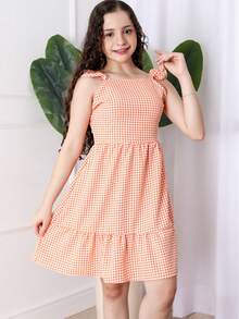 Girls' And Teen Girls' Strappy Dress With Checkered Print, Crepe Fabric, For June And July Festivals, With Ruffled Sleeves, Spring/Summer Style (Vinf430) - 橘色 - 查看 2