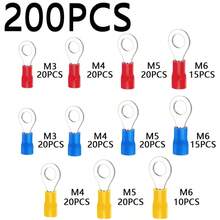 200 piezas de terminales de anillo aislados de 22-16/16-14/12-10AWG, conector de cable de conexión de anillo prensado, adecuado para reparación automotriz, cable, sin incluir baterías