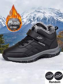 轻便保暖的秋冬季男士雪地靴，PU 防水保暖内衬，宽版加大码，防滑耐用户外徒步鞋，黑色适合寒冷天气、日常穿着、散步、徒步旅行、雪地徒步（随机钩环扣图案） - 黑色 - 查看 10