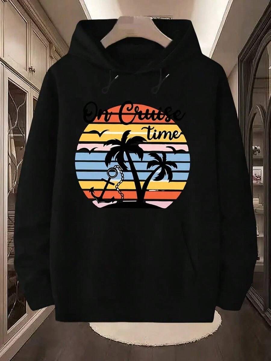 Men's Oversized Hooded Sweatshirt - Retro Cruise Graphic Print With Palm Trees & Sunset Stripes, Geometric Pattern, Hip-Hop Streetwear, Machine Washable, Grey Casual Pullover For Autumn Winter, Vintage Sweatshirt,Fall Hoodies,Men's Fall Clothes,Street Wear,Halloween,Mens Hoodies,Y2k Clothes,Jesus Hoodie,Thanksgiving Day,Nightmare Before Christmas,Christmas - Black - View 1