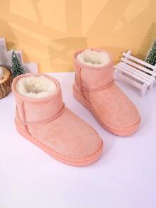 1 Pair Of Children's Snow Boots With Brown, Black, Pink Plush Lining And Suede Lining For Warmth . Short Top, Flat Heel, Simple, Casual, Comfortable And Fashionable. Children's Snow Boots For Winter Holiday Travel