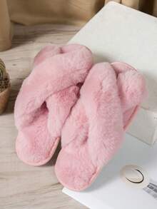 Women Fashionable Cross Belt Plush Fluffy Slippers Soft Bottom Comfortable Room Floor Quiet Bedroom House Flip Flops - Hồng - Xem 5
