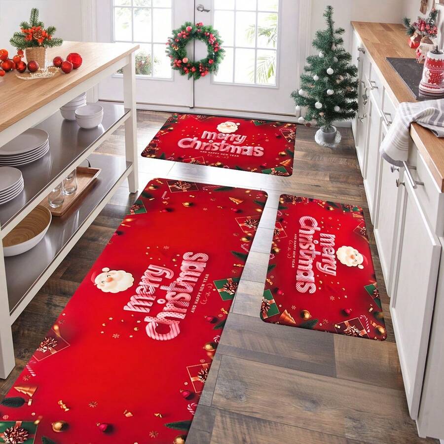1/2/3 Pcs Thickened 0.47 Inch/1.2 Cm Christmas Kitchen Mat Set - Christmas Decor, Non-Slip Memory Foam Bottom, Suitable For Kitchen, Home Office, Laundry Room, Bathroom Decoration - Multicolor - View 1