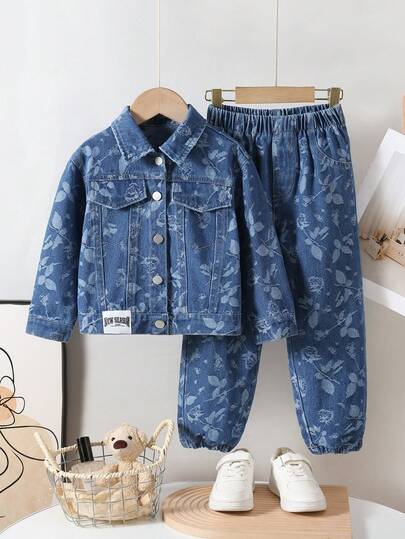 2 件套幼儿女童复古休闲舒适简约个性玫瑰图案牛仔夹克和哈伦牛仔裤套装，秋冬新款