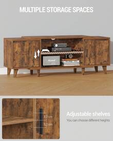 HEXCELEN Meuble TV, pour Télévisions 60 Pouces, Banc TV avec 2 Armoires et 2 Ouverts, Support Télé avec Étagères Réglables, 40 x 140 x 51,5 cm, pour Salon, Chambre à Coucher, Marron Rustique - Acajou - Voir 6