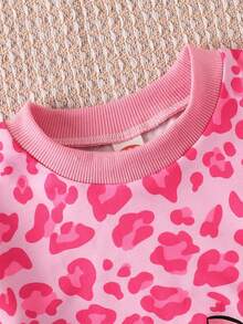 Bộ 2 món/Bộ áo nỉ cổ tròn in họa tiết da báo màu hồng dễ thương hình thỏ thời trang cho bé gái và quần thể thao ôm vừa vặn thoải mái, quà tặng cho bé gái thích hợp mặc hàng ngày vào mùa xuân, mùa hè, mùa thu, mùa đông và ngày lễ - Hồng - Xem 5