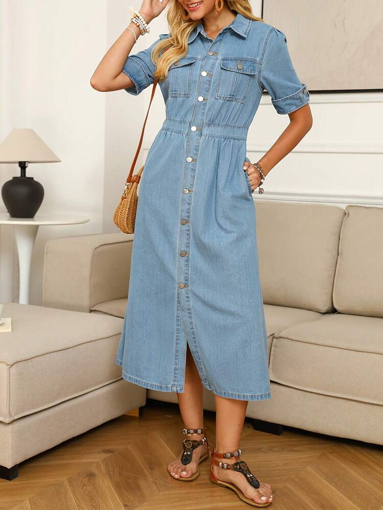 女式牛仔衬衫裙 - 长款复古水洗纽扣前开襟连衣裙，带实用口袋，休闲风格 - 中等水洗藍 - 查看 5