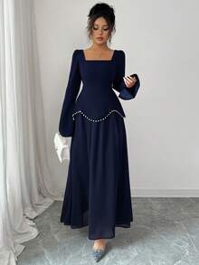 LilyHouse Women's Elegant Long Dress, Romantic Holiday Party Evening Gown With Pearl Decor, Square Neck Fitted Long Sleeve Dress, Suitable For Elegant Party Dress, Wedding, Valentine's Day - Navy Blue - View 6