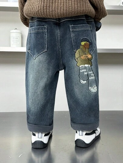 Young Boys' Thermal Lined Thick Denim Jeans, Suitable For Daily, School, Casual And Outdoor Wear, Autumn/Winter