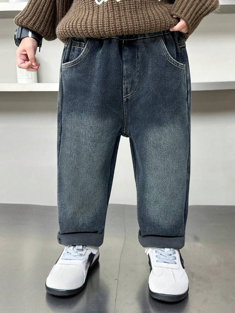 Young Boys' Thermal Lined Thick Denim Jeans, Suitable For Daily, School, Casual And Outdoor Wear, Autumn/Winter - Blue - View 2