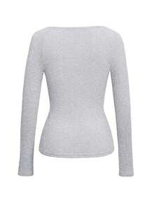 Y2K Stil Damen Langarm Fitted Top in Braun, Kontrast Spitze am quadratischen Kragen, süßer, minimalistischer Campus-Stil für Sommer und Frühling - Blume grau - Übersicht 5