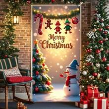 1 pieza Pancarta de puerta navideña con diseños de bastón de caramelo, hombre de jengibre y duende, material reutilizable, adecuado para exteriores, fiestas, jardín, ideal para decoración navideña y de fiestas, telón de fondo temático de Navidad y Año Nuevo, pancarta fotográfica de Feliz Navidad, decoración estacional, patrones navideños, tela duradera, material reutilizable