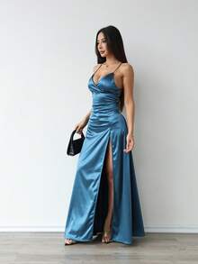 1 pieza Elegante y sexy vestido de satén de unicolor para fiesta con espalda descubierta, abertura alta asimétrica, lazo, recorte y espalda con abertura y cordón, adecuado para boda, fiesta de noche, gala formal, actuación en el escenario, baile de graduación, fiesta de cumpleaños, vacaciones, primavera/verano/otoño