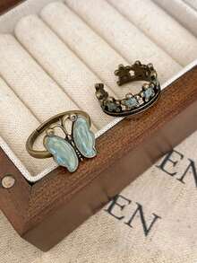 2 件复古简约绿色蝴蝶和花朵装饰可调节戒指，适合女性日常佩戴、照片、情人节礼物