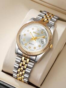 1 件男士时尚钢表带水钻刻度表盘日历石英休闲商务腕表，不含表盒