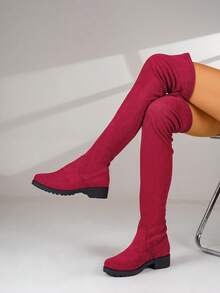 2024 秋冬新款女式方头低跟褶皱皮革套穿过膝长靴 - 玫紅色 - 查看 2