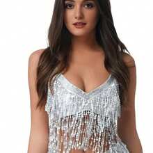Carnival Sequin Tassel Costume Set, Belly Dance Outfit, Sequin Singer Backless Street Bar Outfit, Bohemian Style, Retro Style, Suitable For Festivals, Parties, Nightclubs, Beaches, Exotic Style Clothing Decoration - Multicolor - View 19