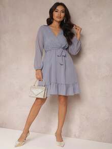 Women's Elegant Solid Color Overlap Collar Ruffle Hem Dress, Autumn - Navy Blue - View 2