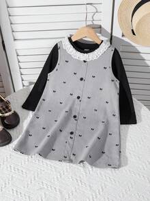 2pcs Set: Floral Lace Trim Solid Color Long Sleeve T-Shirt And Bow Print Sleeveless Midi Dress, Suitable For Outdoor, Casual Daily Wear - Black - View 3